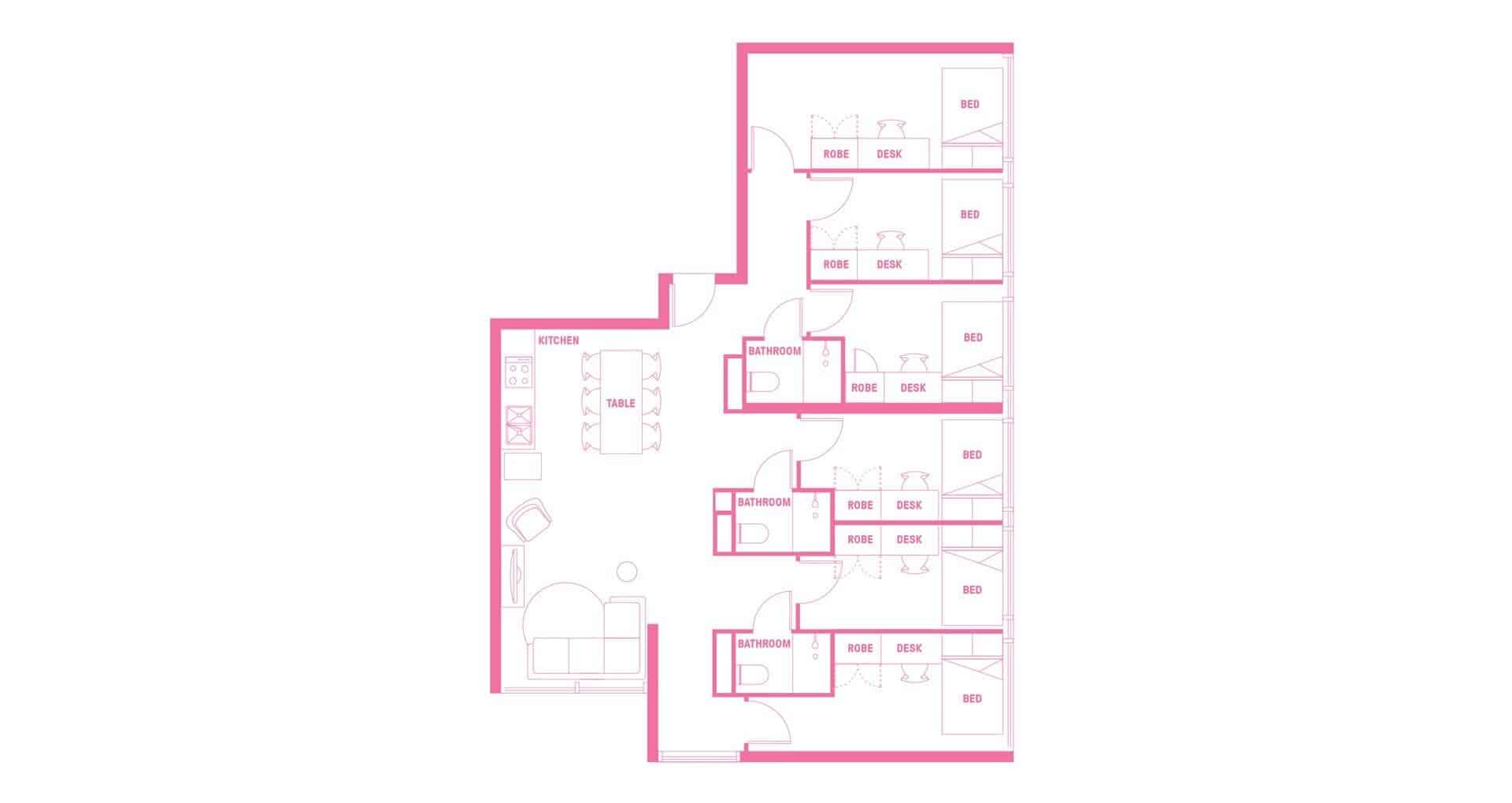 6 Bedroom Shared Bathroom, King Single Bed